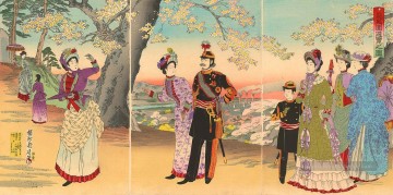L’empereur impératrice Prince héritier et les dames de Cour sur une sortie à Asuka Park Toyohara Chikanobu Peinture à l'huile
